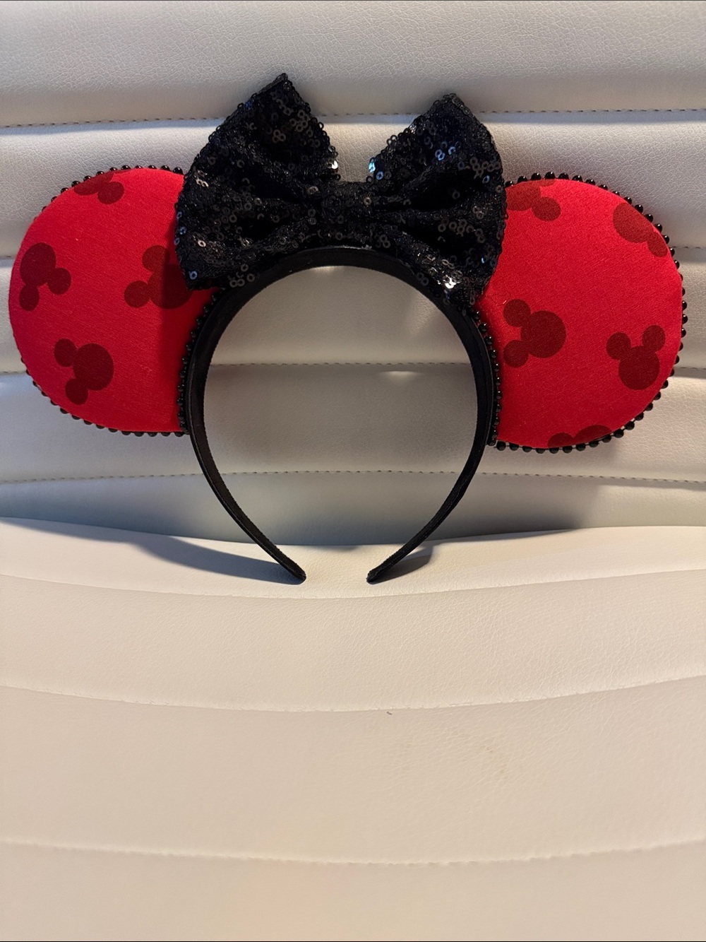 Disney inspired red Mickey Print Ears Headband with Black Sequin Bow